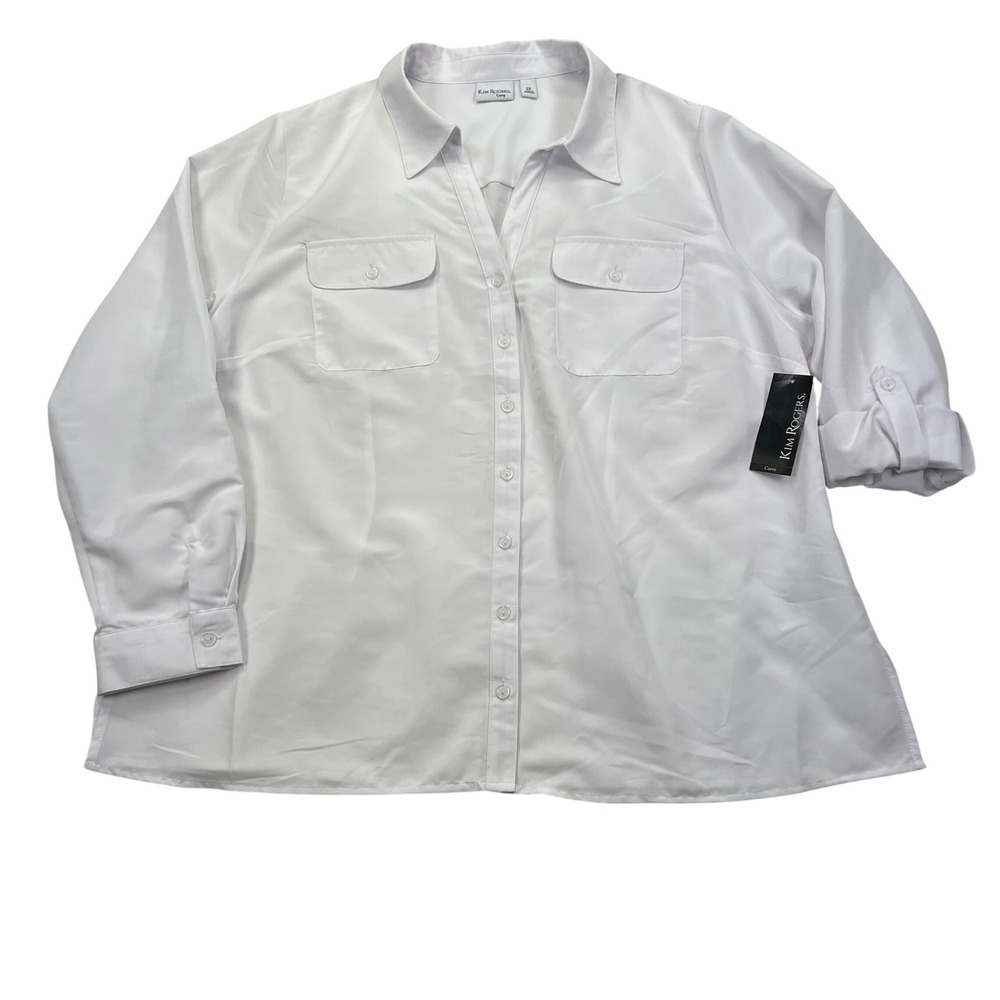 Kim Rogers Button Down Shirt Womens 2X White Roll Tab Sleeve Curvy Utiity Slinky